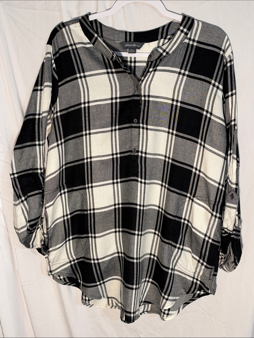 Eddie Bauer Black and White Plaid Roll-Tab Tunic with Pockets